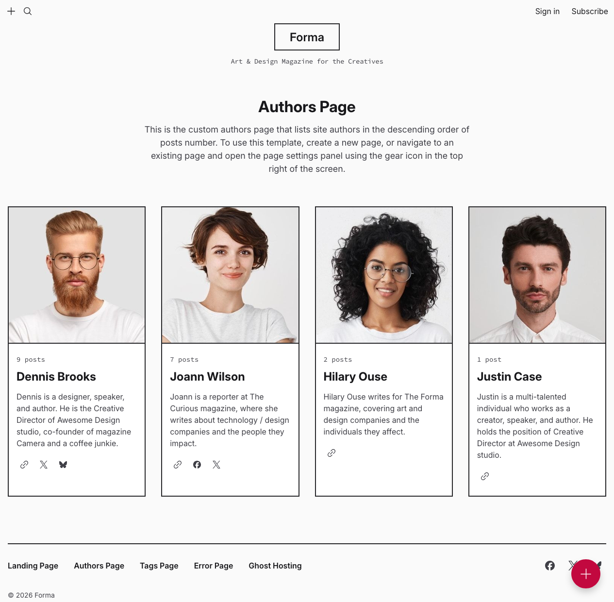 Preview of the Authors page template