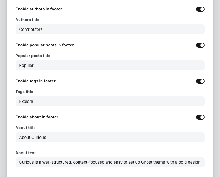 Footer section settings in Ghost Admin