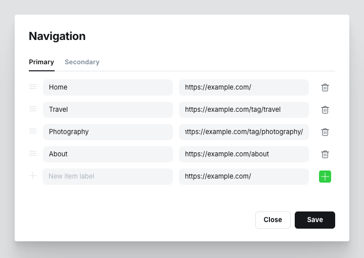 Navigation settings in Ghost Admin