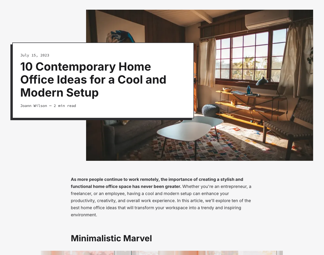 Preview of the default post layout with a horizontal feature image