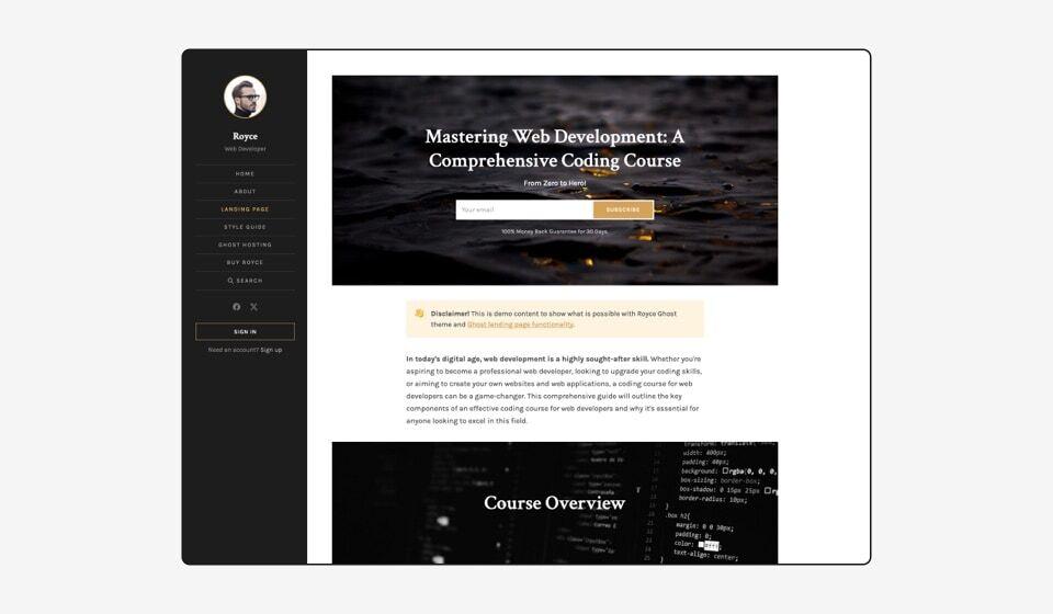 Royce theme landing page feature preview