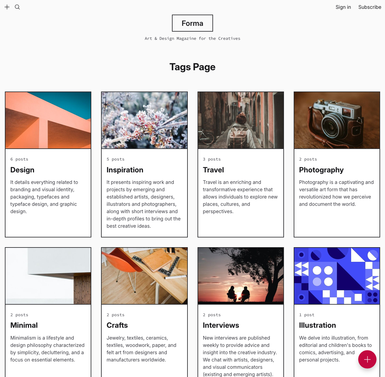 Preview of the Tags page template
