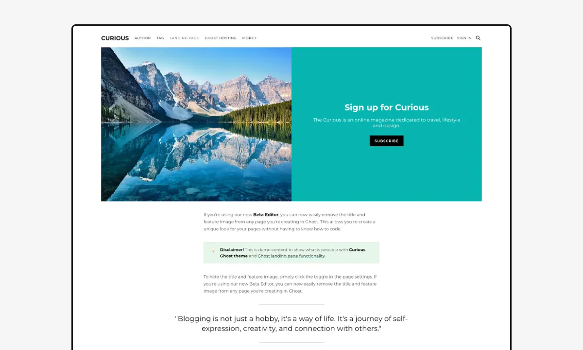 Curious theme landing page feature preview
