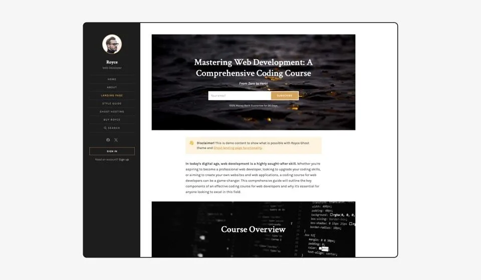 Royce theme landing page feature preview