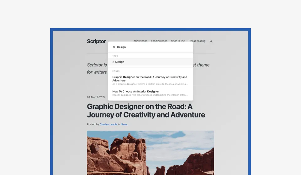 Scriptor theme landing page Ghost search preview