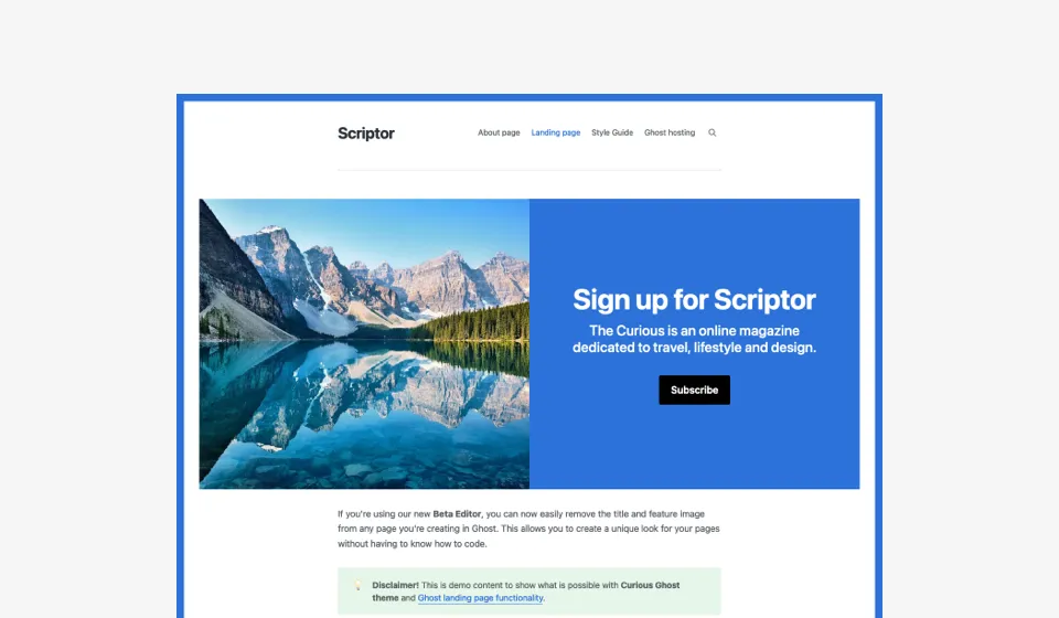 Scriptor theme landing page feature preview